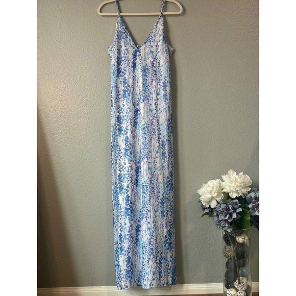 Lulus Floral Maxi Dress Sleeveless‎ Tie Back Casual Summer Blue Medium M - Picture 6 of 7